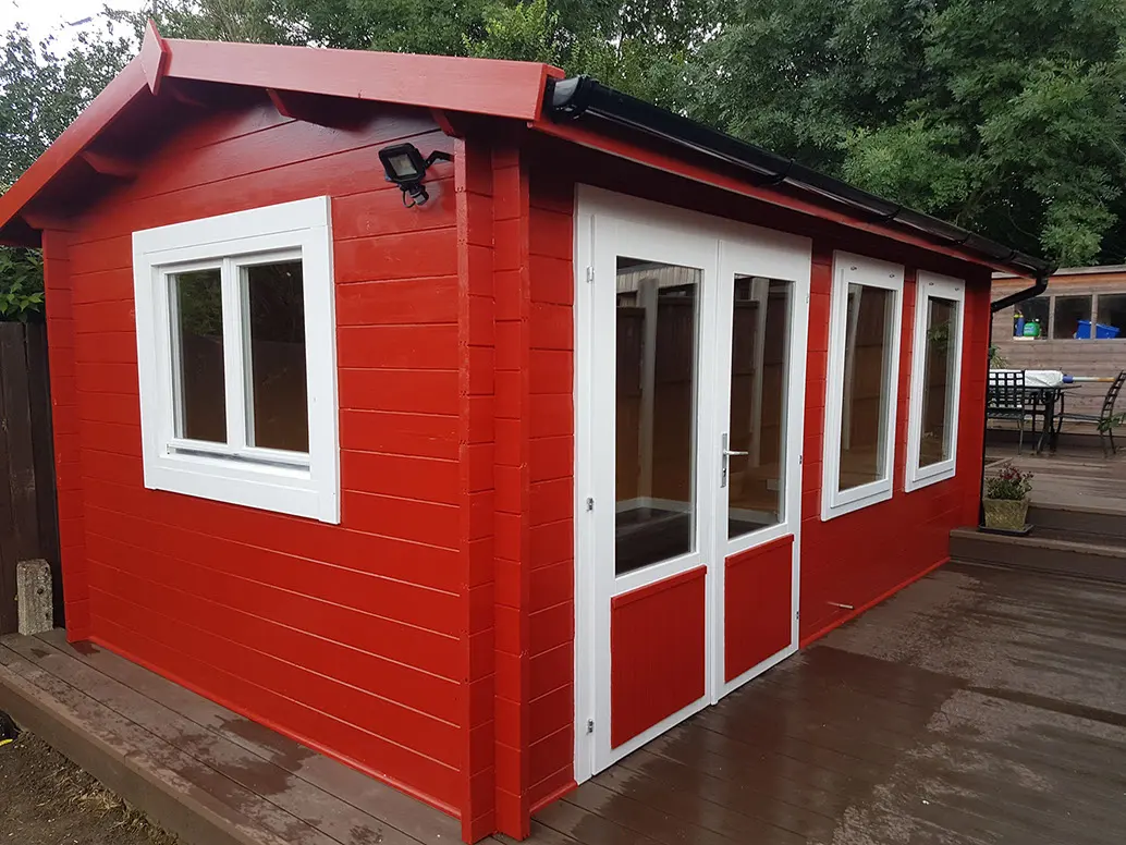 A timber garden office with composite decking